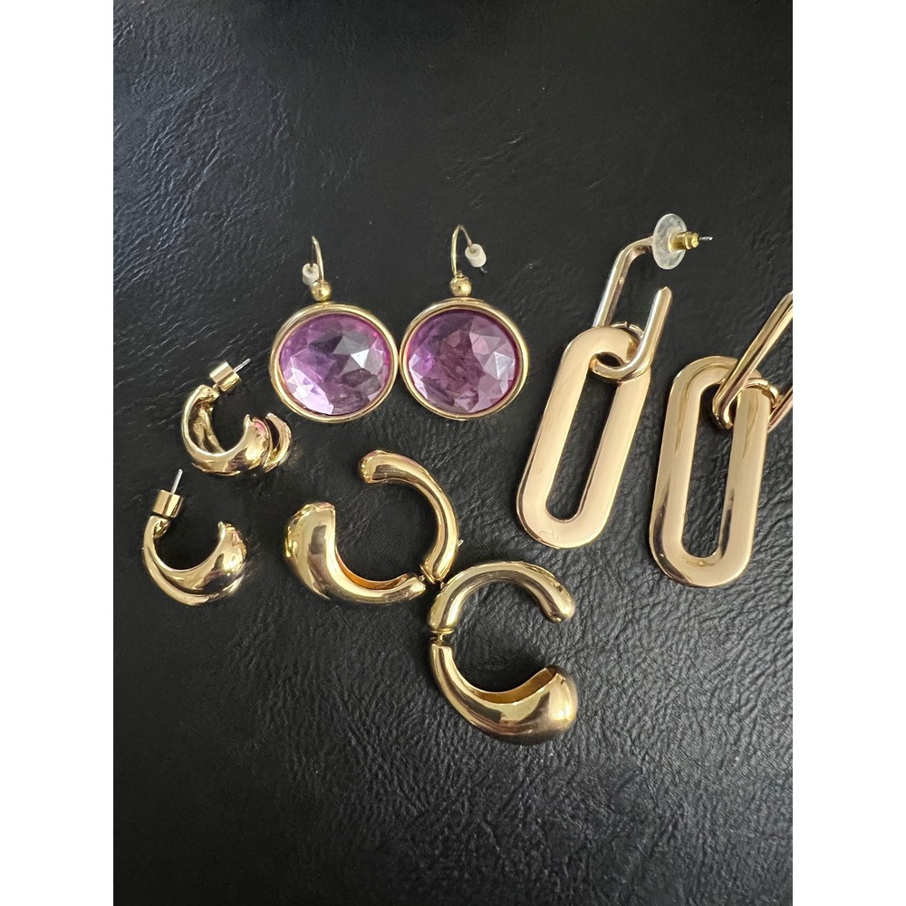 Gold Tone Statement Earring Lot 4 Pairs Hoops Drops Purple Eclectic